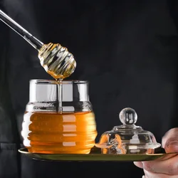 Honey Pot Jar Transparent Honeycomb Tank with Dipper and Lid  Wedding Party Office Kitchen Home Honey Storage Container