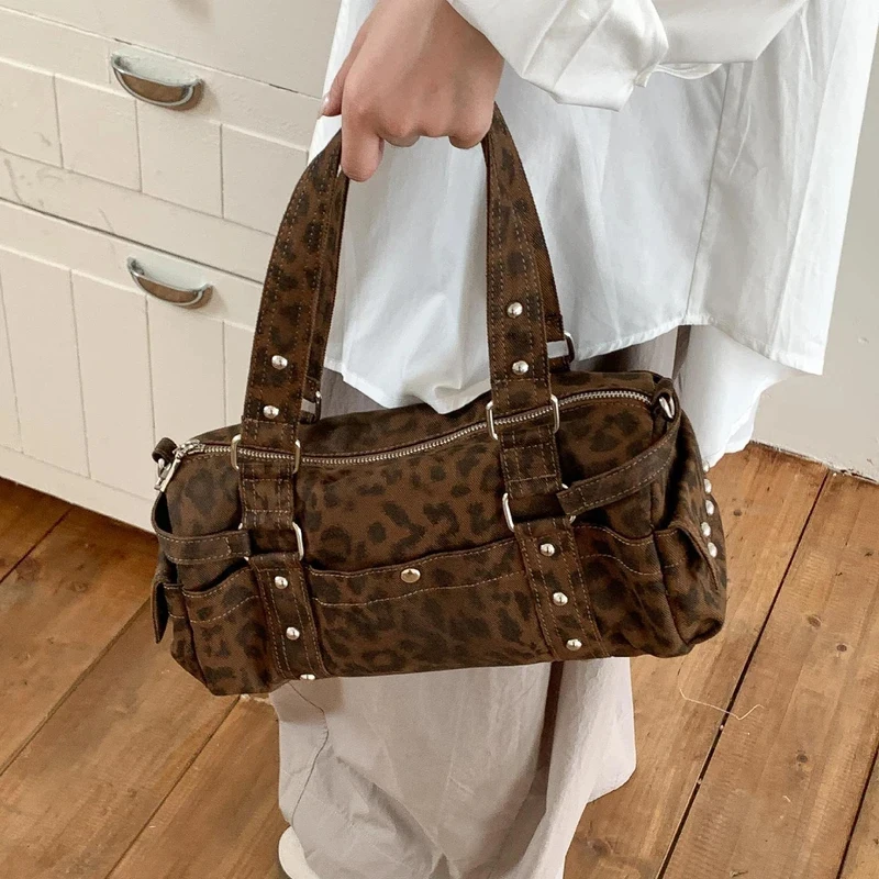 

Vintage Leopard Rivet Motorcycle Handbag, Women's Casual Boston Barrel-Shaped Messenger Bags, Shoulder Bag, Fashion Handbags