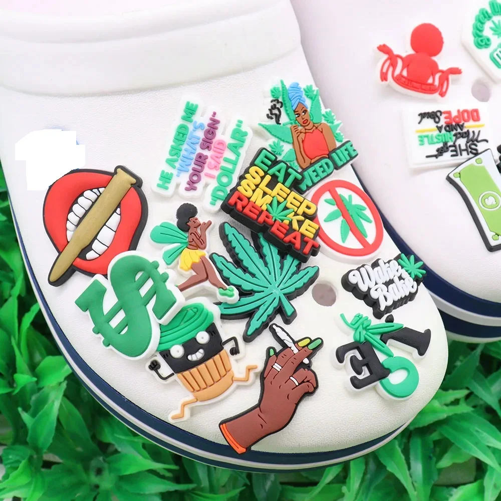 1-24Pcs PVC Shoe Charms Tanker Weed Life Hand Woman Love Lips Money Coffee Buckle Clog Hole Slipper Accessories Decorations image 6