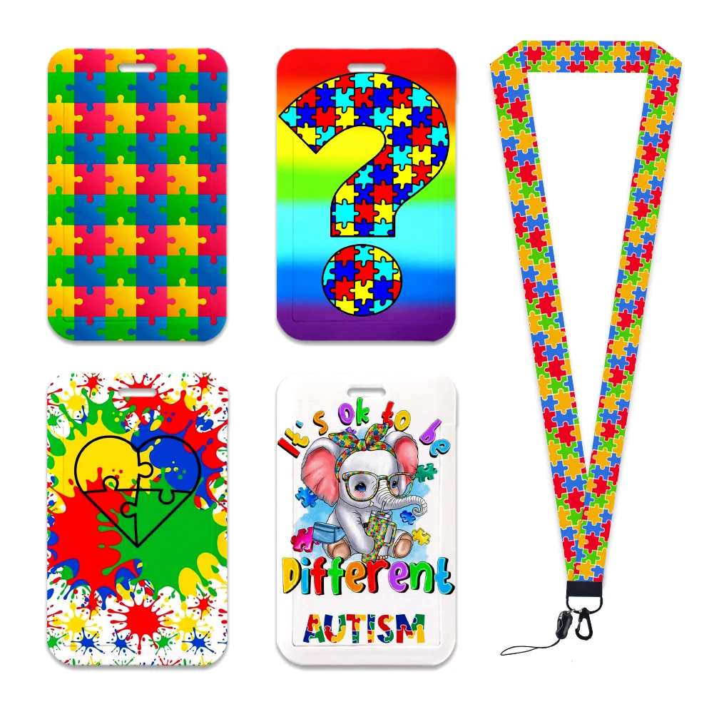 Autismo Padrão Anime Lanyard Badge Holder, colhedores do cartão de identificação, corda do telefone móvel, chaveiro, correias do pescoço, chaveiro