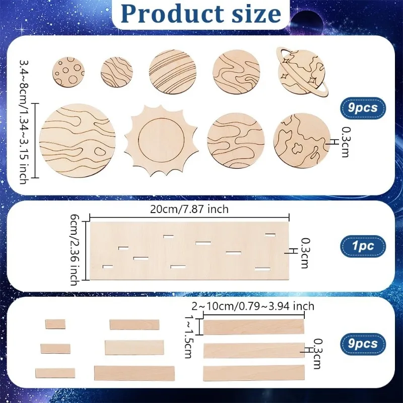 1 Set/19pcs Planet Themed Wooden Craft Kits Outer Space Unfinished Wood Crafts 3D Planet Wood Crafts Paintable Unfinished Wooden