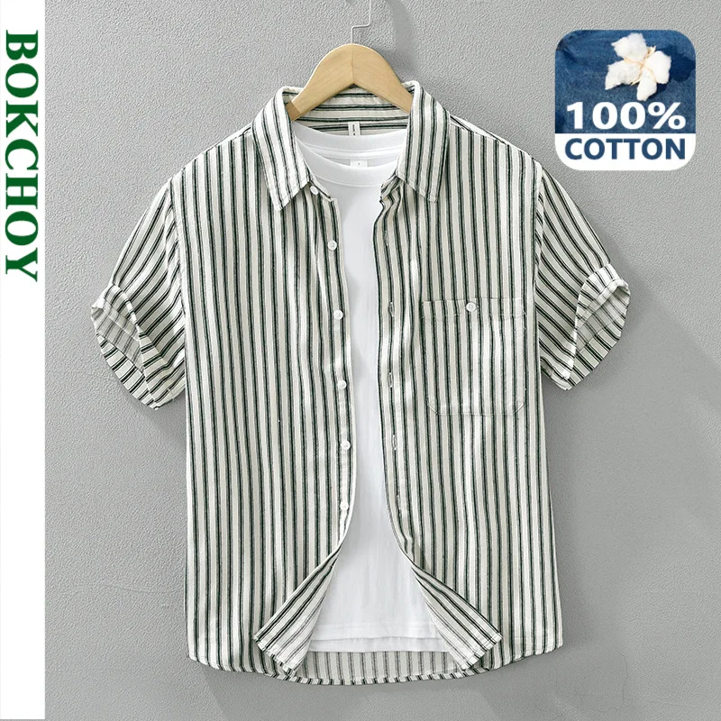 2024 Spring Summer New Pure Cotton Simple Casual Short Sleeve Shirts Men Clothing Striped Thin Comfortable Streetwear CM8023