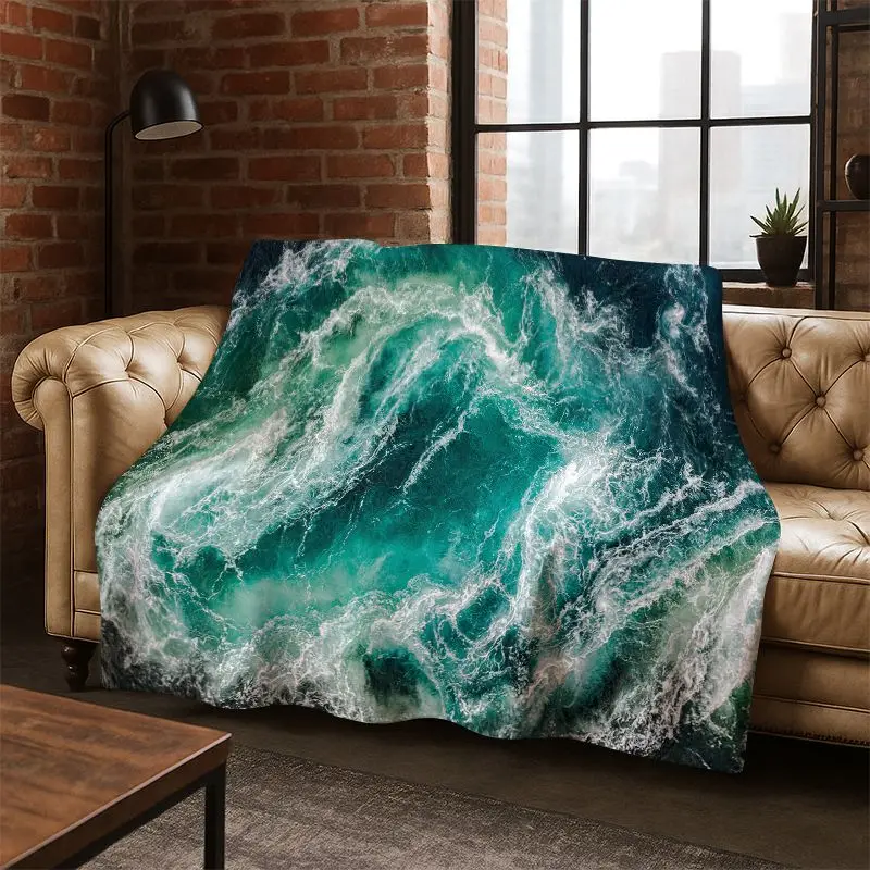Blue Sea Waves Scenery Flannel Blanket Soft Warm Throw Blanket for Bedroom Living Room Bed Travel Camping Picnic Gift kids