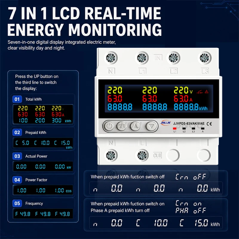 63A 3P+N Three Way Phase Selector Prepaid kWh Meter Auto Switch Over Under Voltage Overcurrent Protector LCD Monitor