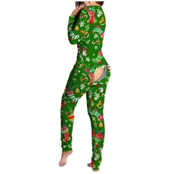 Christmas Pajamas Adult Sexy Butt Back Jumpsuit Women Autumn Winter Anime Santa Claus Romper Pajama Buttoned Warm Sleepwear