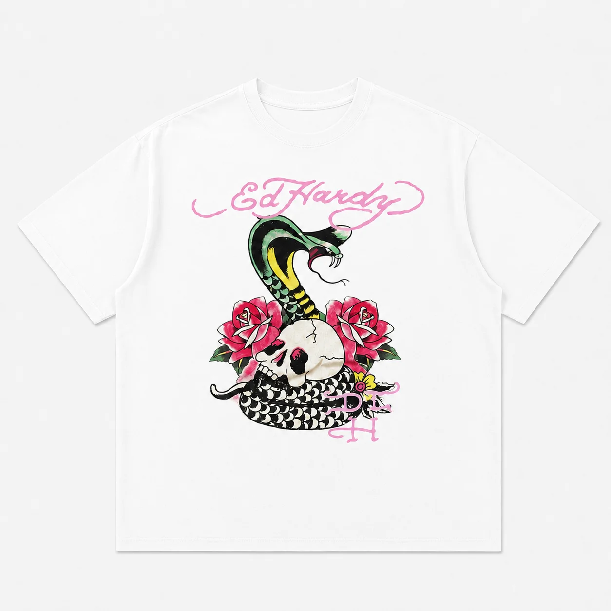 Ed Hardy Schlangenschädel-Rosen-Tattoo-Print T-Shirt Unisex Locker Geschnitten Übergroß Harajuku Streetwear Baumwolle Sommer Grafik Herren T-Shirts – Detail 4