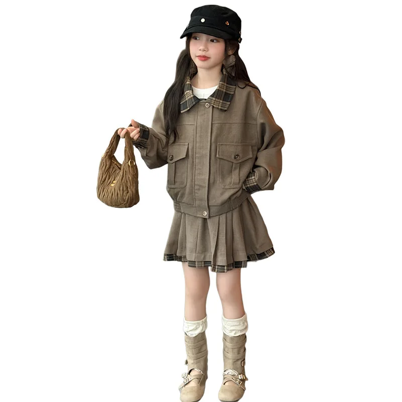 teen girls casual clothes suit grid splicing work jacket+pleated skirt 2pcs junior kid sets outfits coat skirts children clothes
