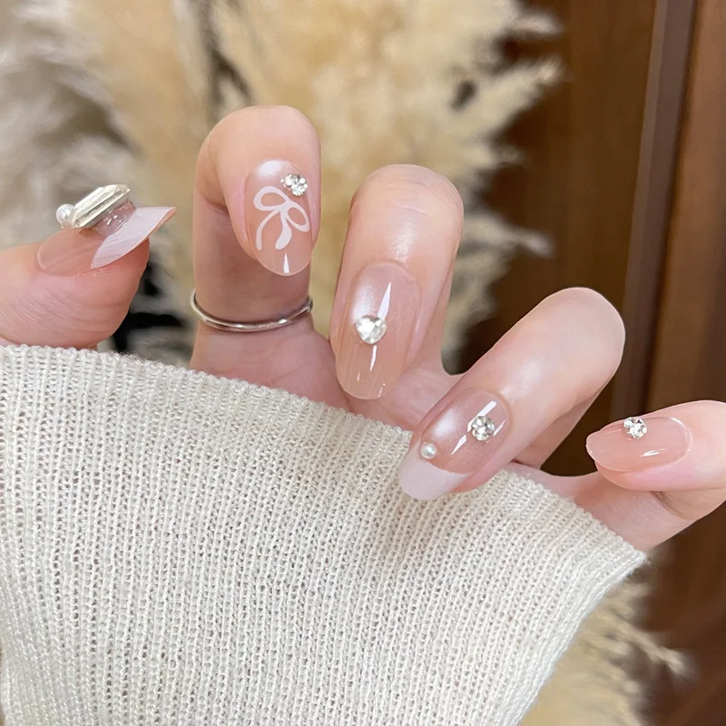 

24PCS Pure Color Short Oval Fake Nails for Women Glitter Pink Cat Eye Designs Press on Nails Full Cover Sweet Ins Style Wearable