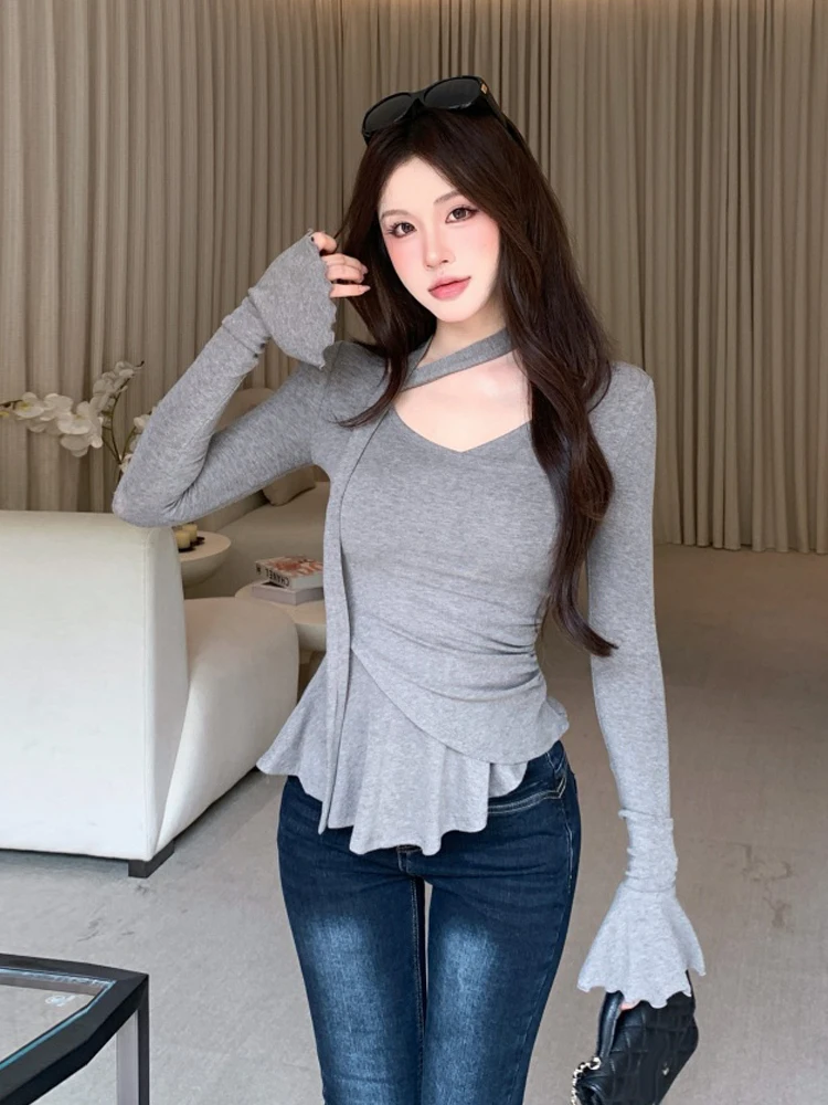 Gray V-Neck Asymmetrical Hem T-Shirt with Bell Sleeves Slim Fit Versatile Casual Long Sleeve Women's Top Elegant Slimming