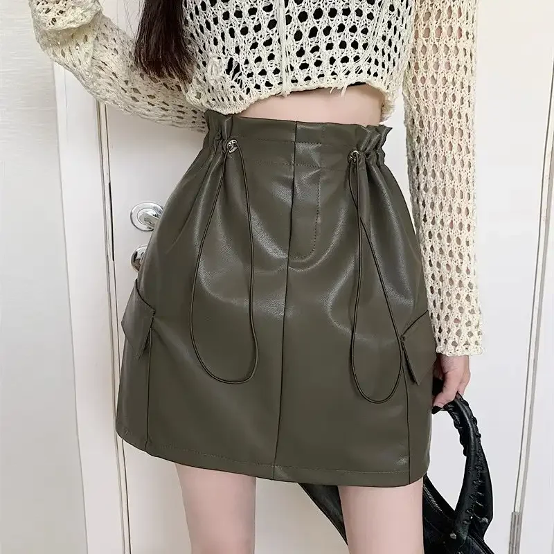 

Women's Clothing Fashion Drawstring Skirts Faux Leather Autumn Winter Vintage Solid Color Aura High Waist Pockets Mini Skirts