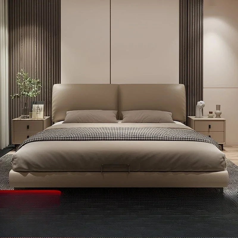 Italian minimalist, leather bed, master bedroom, wedding bed, sensor light, suspension