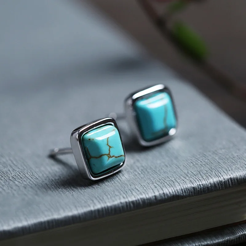 

925 Sterling Silver Geometry Turquois Earring for Women Girl Design Originality Retro Jewelry Gift Dropshipping