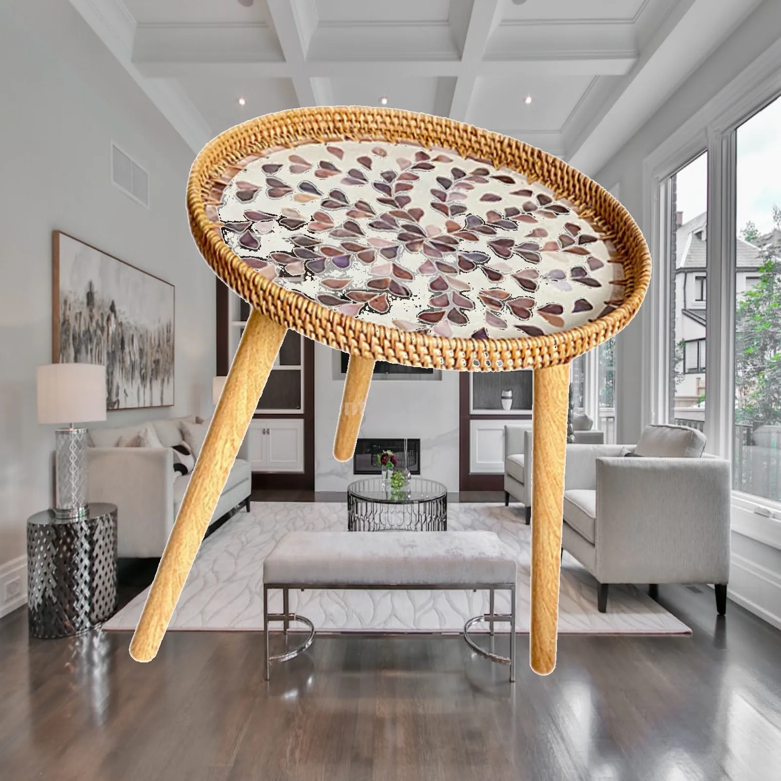 End Table Table, Storage Tray, Retro Style Round Organizer, Rattan Side Table NightStand for Garden,Living Room,Indoor
