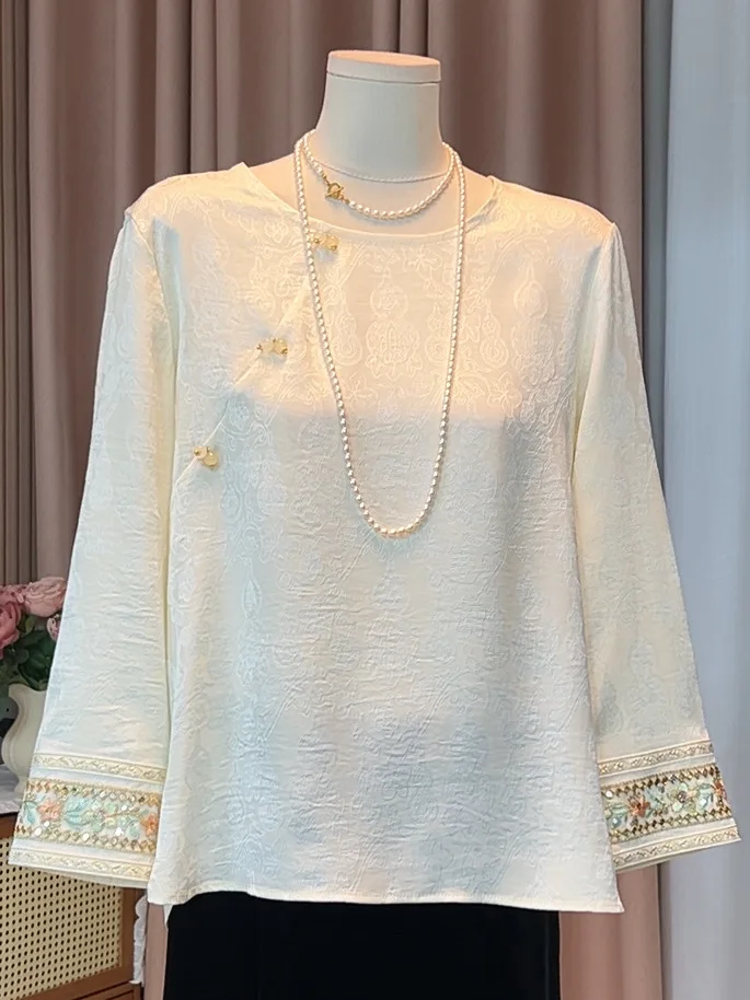 

New Chinese Style Women's Long Sleeve Embroidered Floral Shirt Inner Wear Top Matched Tang Costume Base Layer Female Blouse