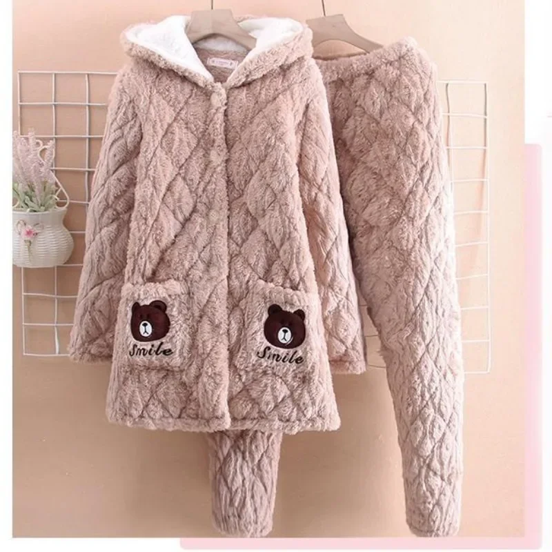 2023 New Winter Flannel Thick Pajamas Girl Cartoon Loungewear Cute Student Sweet Sleepwear Mid-length Cotton Warm Homewear Set