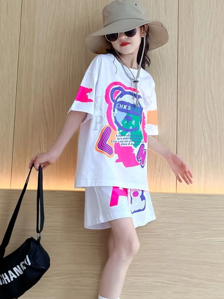 Summer Children Girls Clothes Cartoon Bearr Printed T-shirts and Shorts Suit Teenage Fashion Short Sleeve Top Bottom Outfits