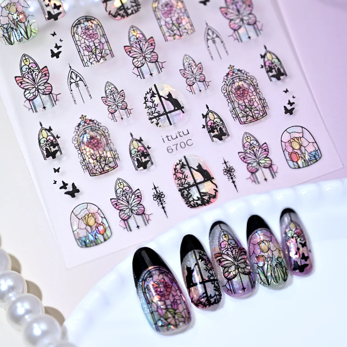 3D Holographic Stained Glass Floral Church Window Nail Stickers Gothic Cat Butterfly Flower Decals Dreamy Manicure Accessories