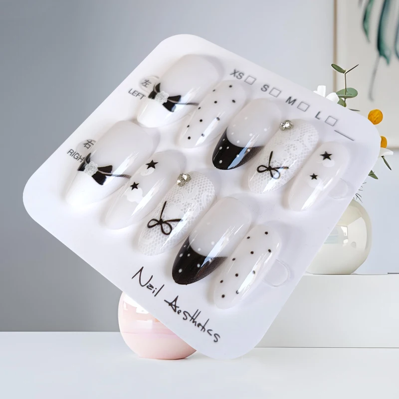 10 Uds. De encaje en forma de almendra con lazo de lunares de estilo francés, pegatinas para decoración de uñas en blanco y negro, prensa para uñas postizas