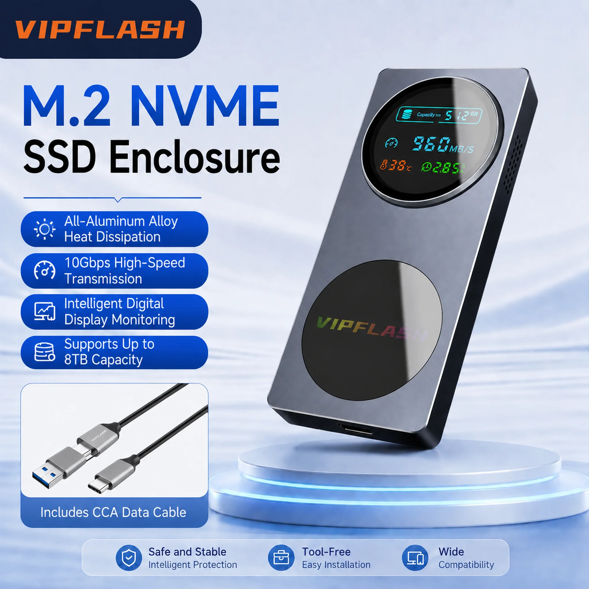 M.2 NVMe SSD Enclosure 10Gbps USB-C 3.2 Gen2 External Enclosure Supports M and B&M Keys 2280 SSD Aluminum Shell UASP for NVMe