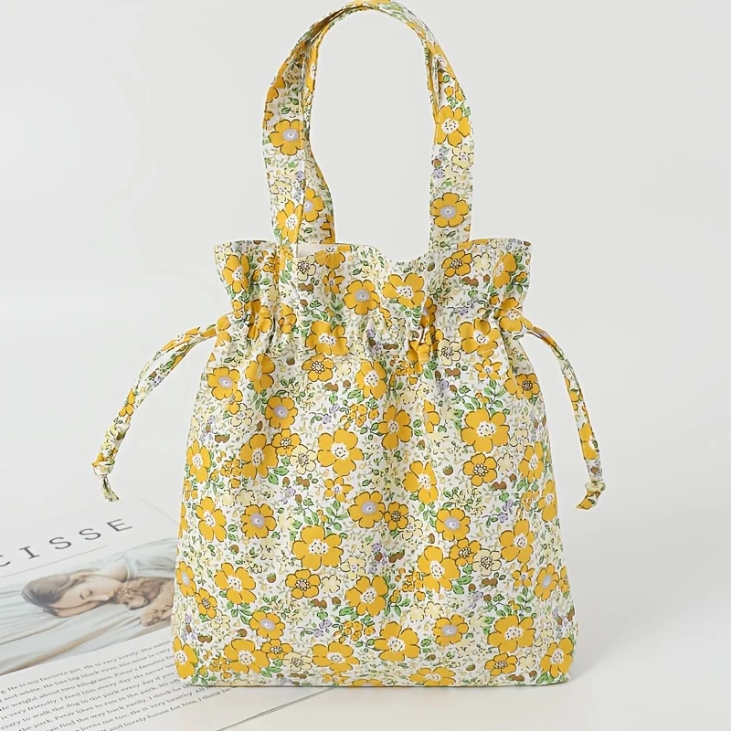 1 حقيبة تسوق يدوية صغيرة مطبوعة بالزهور حقيبة تخزين برباط قطني محمولة مبتكرة #3