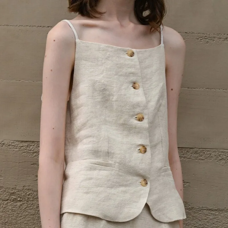 100% Linen Women's Strapless Top Retro Minimalist Cropped Hot Girls Camisole Top 2026 Summer Front-Button Linen Tank Tops