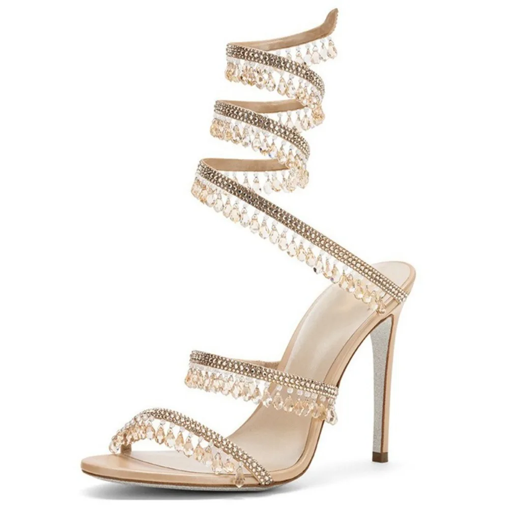 Women Open Toe Stiletto Sandals, Sparkling Crystal Embellished Spiral Ankle Straps, Elegant  High Heels for Prom, Banquet