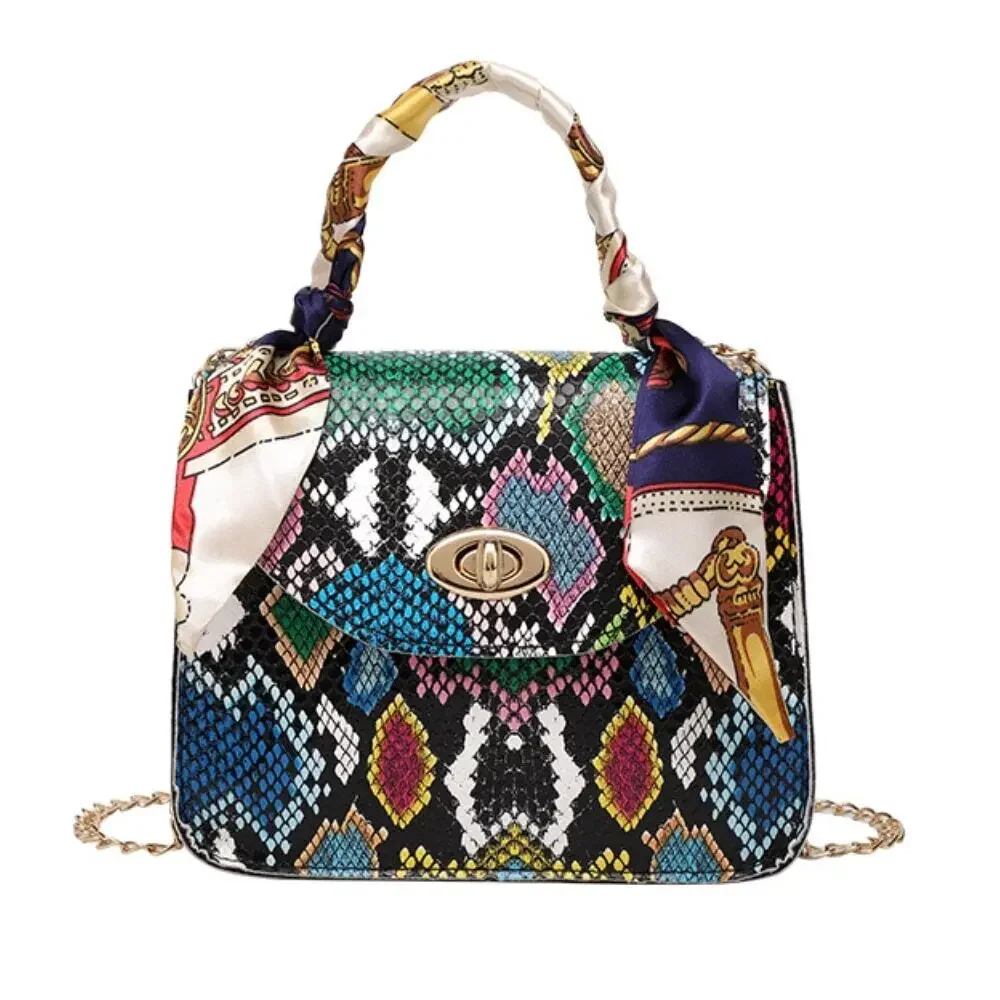 Bufanda de seda con patrón de serpiente colorida para mujer, bolso de mano con cerradura, bolso cruzado informal, bolso de hombro con patrón de cocodrilo, nuevo, 2023