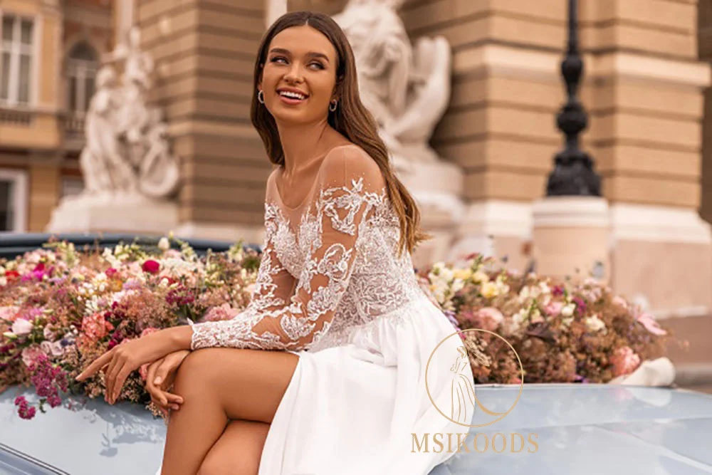 미스쿠드 맞춤 제작 2025 레이스 웨딩드레스 긴팔 일루젼 비치 신부 드레스 보헤미안 V넥 하이 슬릿 A라인 웨딩 가운