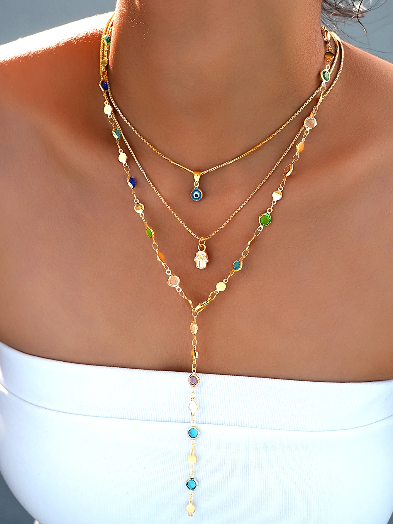 2/3-Piece Fashionable and Simple Retro-Style Necklace Set with Colorful Imitation Gemstones, Y-Shaped Long Necklace, Devil's Eye Multi-Layer Necklace Set, Gold Color, Suitable for Women, Vacation, Dating, Daily Wear, Halloween, Christmas, First Choice for Gift Giving