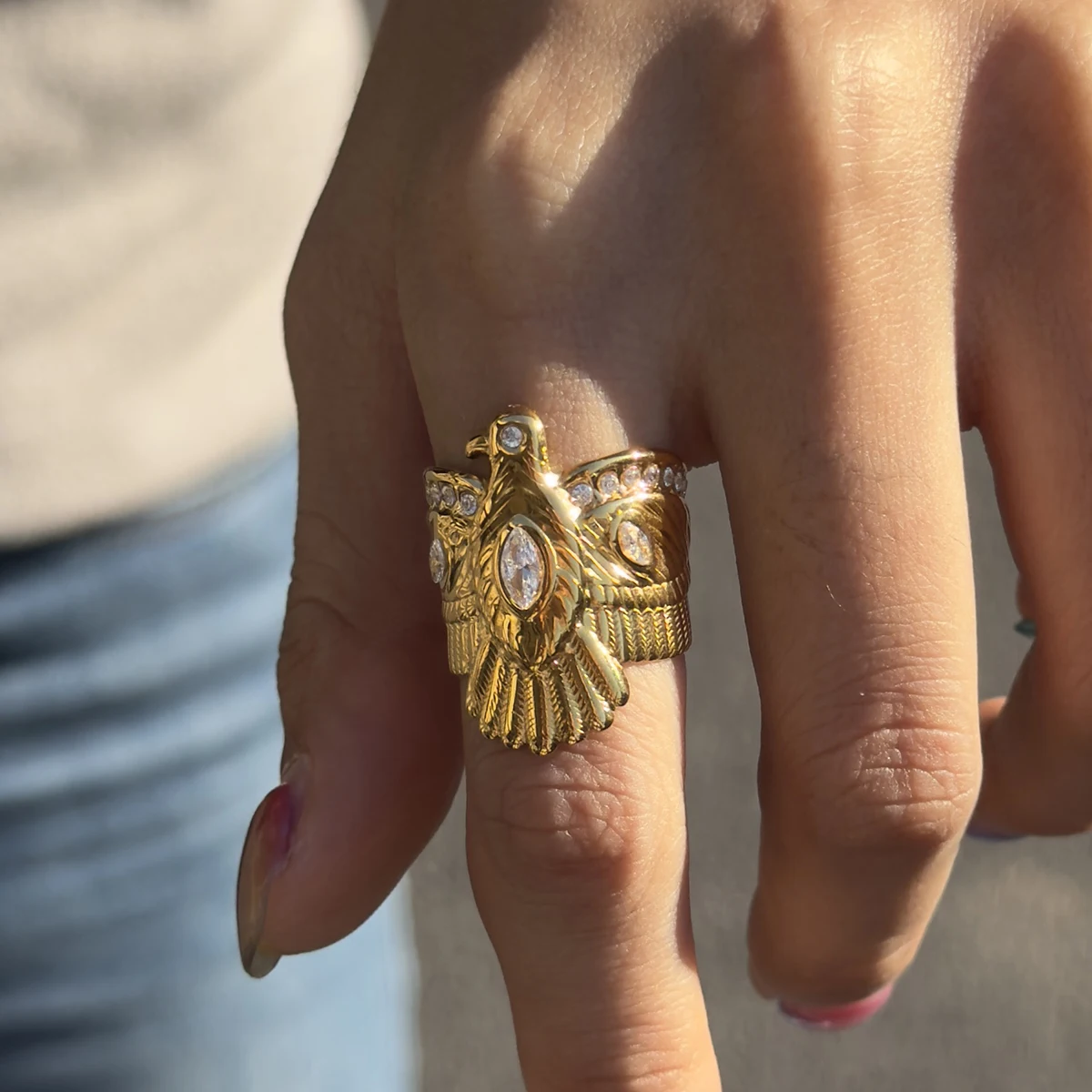 Yori White Cubic Zircon Gold Color Eagle Open Ring For Women Pvd Stainless Steel Rust Proof Finger Jewelry Gift New