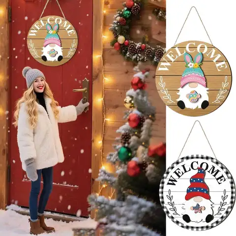 Gnome Door Decor Detachable Hats and Magnetic Ornament Halloween Gnome Welcome Sign Decor for Home Front Door Porch Yard