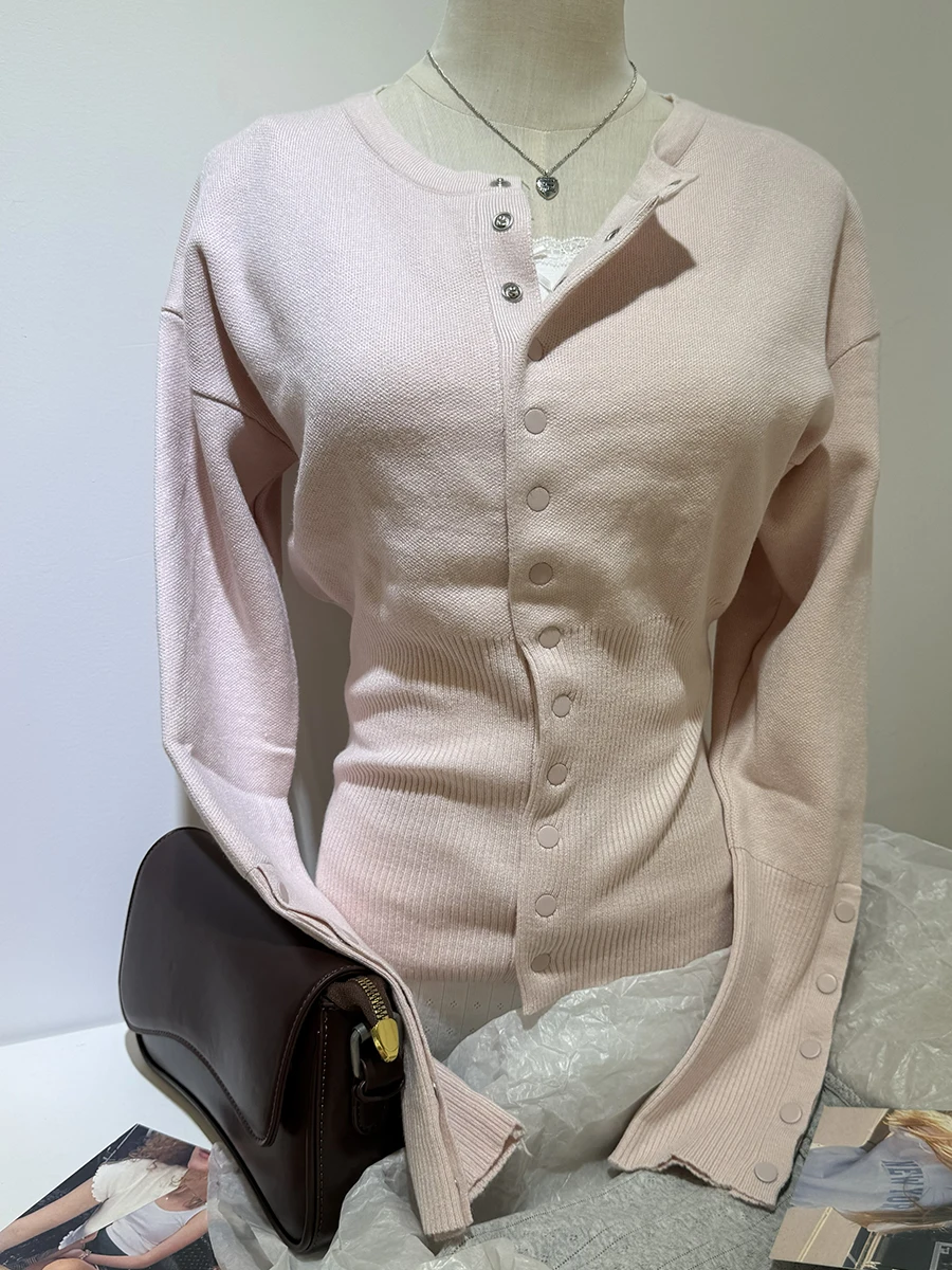 الوردي تويست القطن طويل الأكمام سترة مشغولة من الصوف المرأة زر بسيط عادية نمط Preppy البلوز الحلو لطيف بسيط سترة علوية جديدة