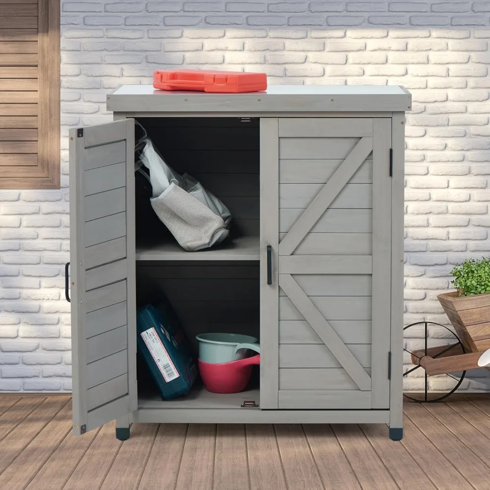 Potting Bench with Storage Cabinet and Metal Table Top for Outdoor Patio, Garden Furniture Wood Workstation