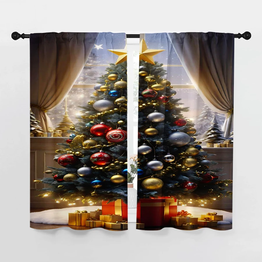 2PCS Christmas Winter Curtains, Golden Christmas Tree Gift Window, Digital Print, Bedroom Living Room, Home Decor Window Drapes