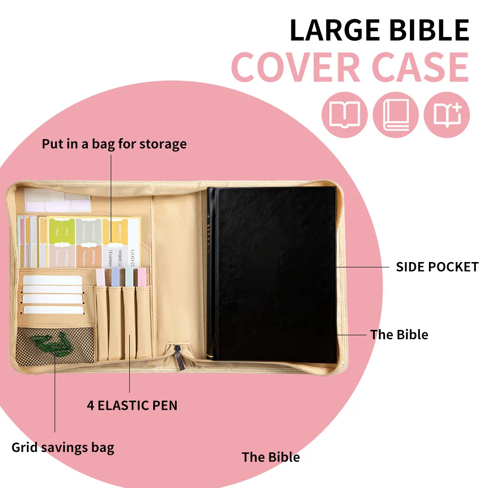 PU Leather Zippered Bible Cover Carrying Case Large Capacity Loose Leaf Book Binder with Pen Loop Side Pocket and Card Storage