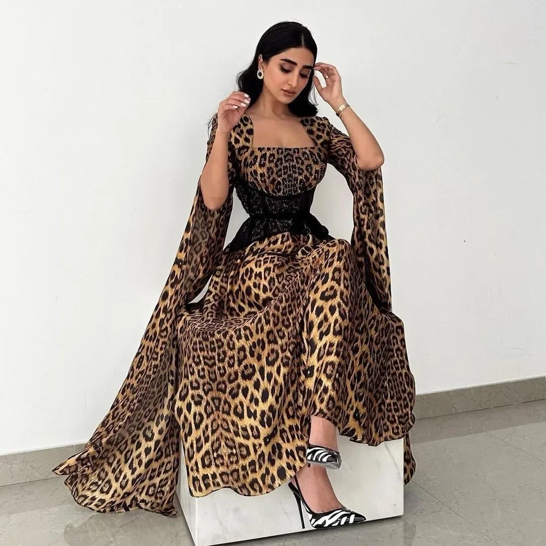 2024 Classic Boat Neck Leopard Cap Sleeve Ankle Length Prom Dress Waist Lace Belt Saudi Arabia Satin Evening Party فساتين سهره