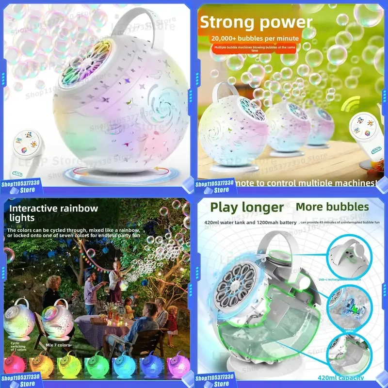 Automatic Bubble Machine 360 Degree Rotating Galaxy Projector with Rainbow Light Remote Control Interactive Plastic Toy for
