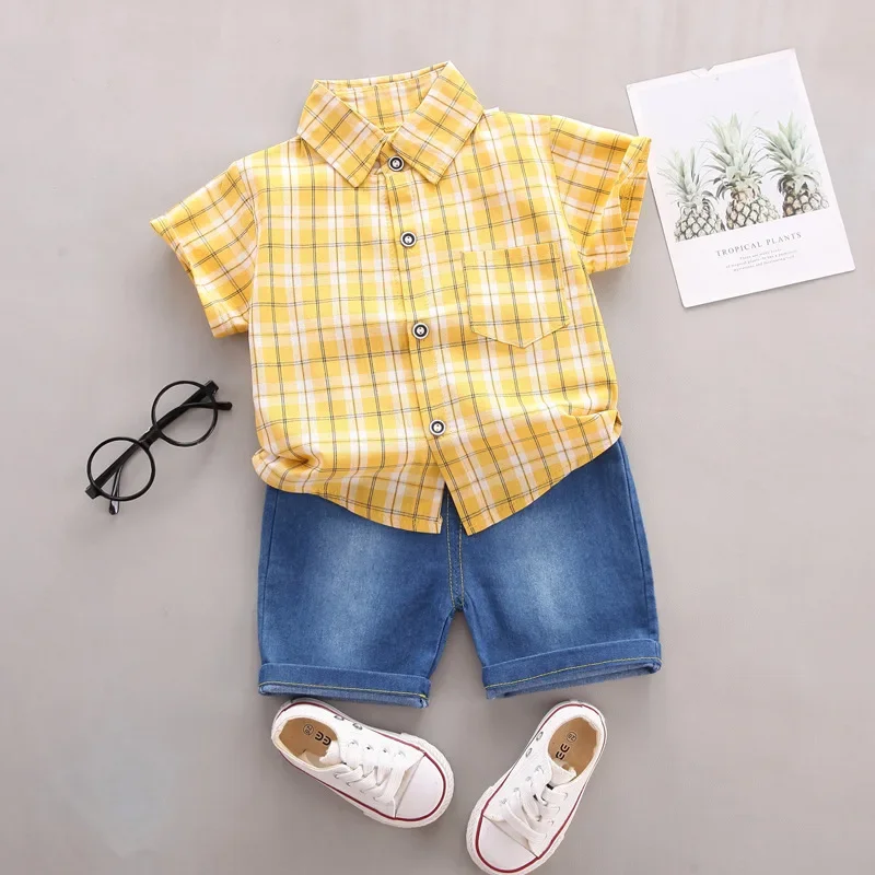 Summer thin baby and toddler striped shirt denim shorts two-piece set