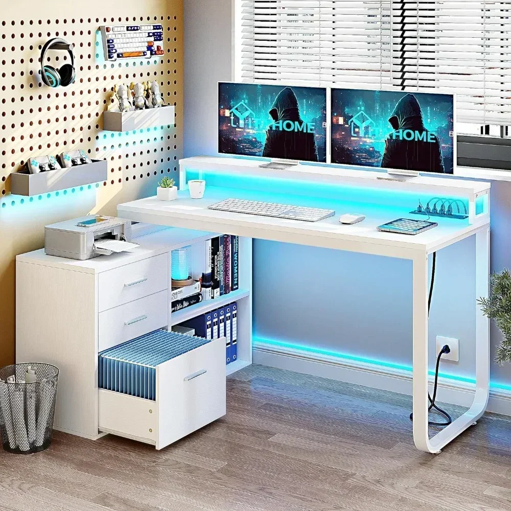 L-shaped computer desk with 3 drawers with power socket and LED light, L-shaped table with home office filing cabinet