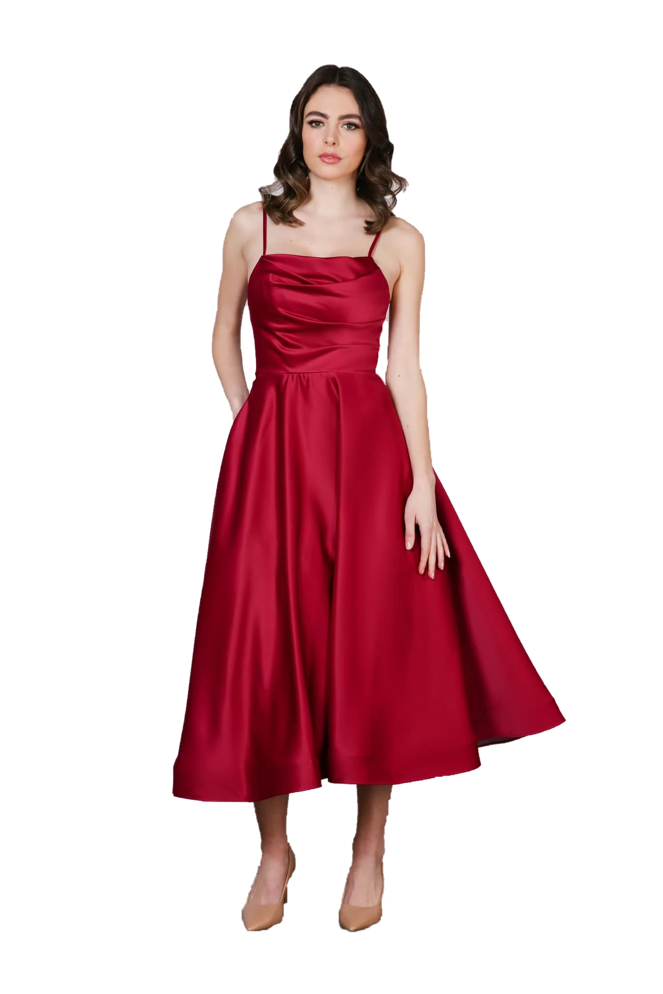 Tea-Length Plum Bridesmaid Dress 2023 A-Line Spaghetti Neck Elegant Lady Formal Party Cocktail Black-Tie Gala Hoco Gown Corset