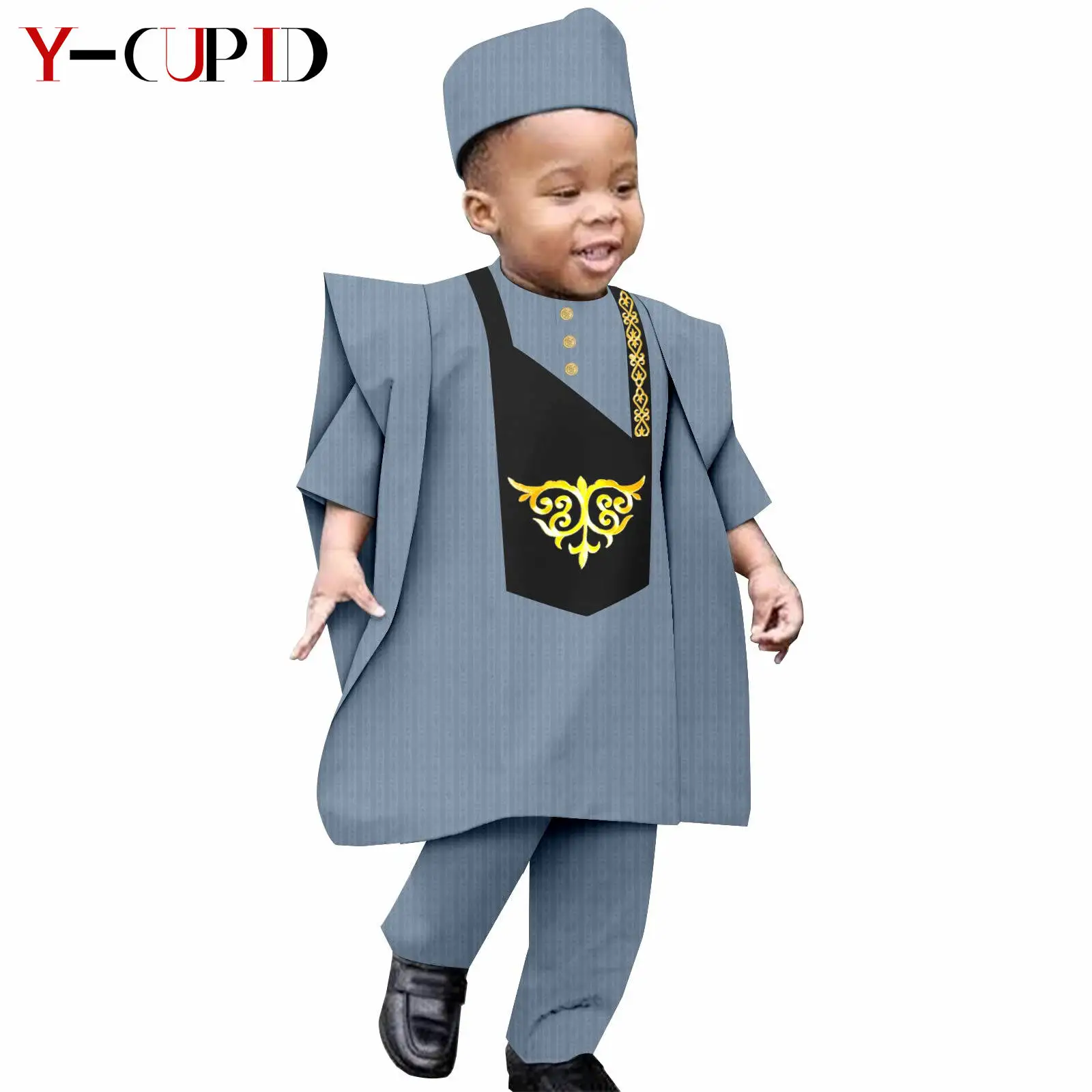 Africa Clothing Bazin Riche Boy Outfit Muslim Sets Shirt Pant Robes Cap Kids Children Suits Agbada Traditional Outwear Y234013