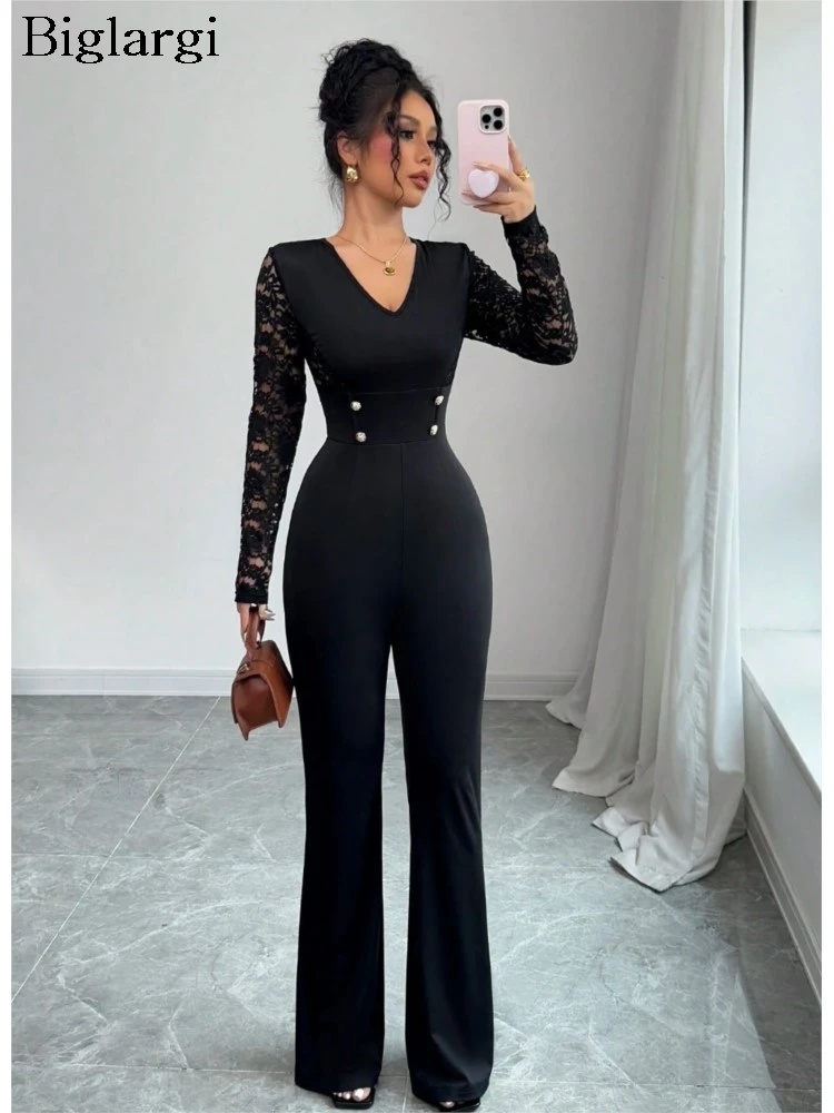 

Осенний комбинезон с v-образным вырезом, женский кружевной лоскутный сексуальный модный тонкий женский комбинезон с высокой талией, женский комбинезон в корейском стиле