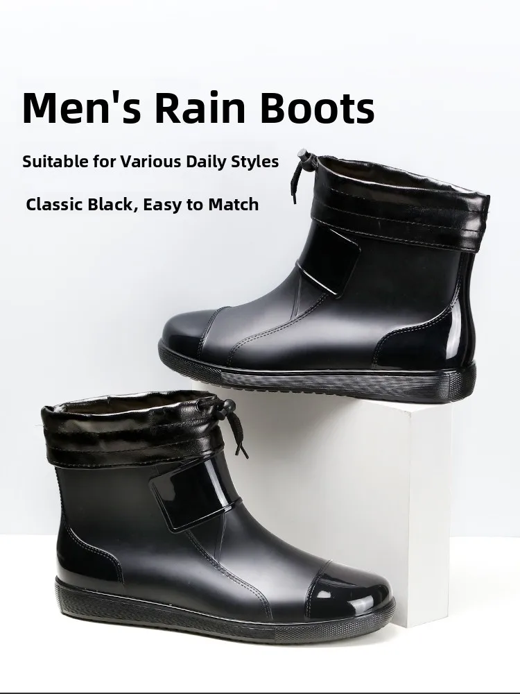 Men's Thickened Fleece Rain Boots Waterproof Winter Warm  Color Slip-On Shoes Casual Lightweight Rubber Flat Heel Boots