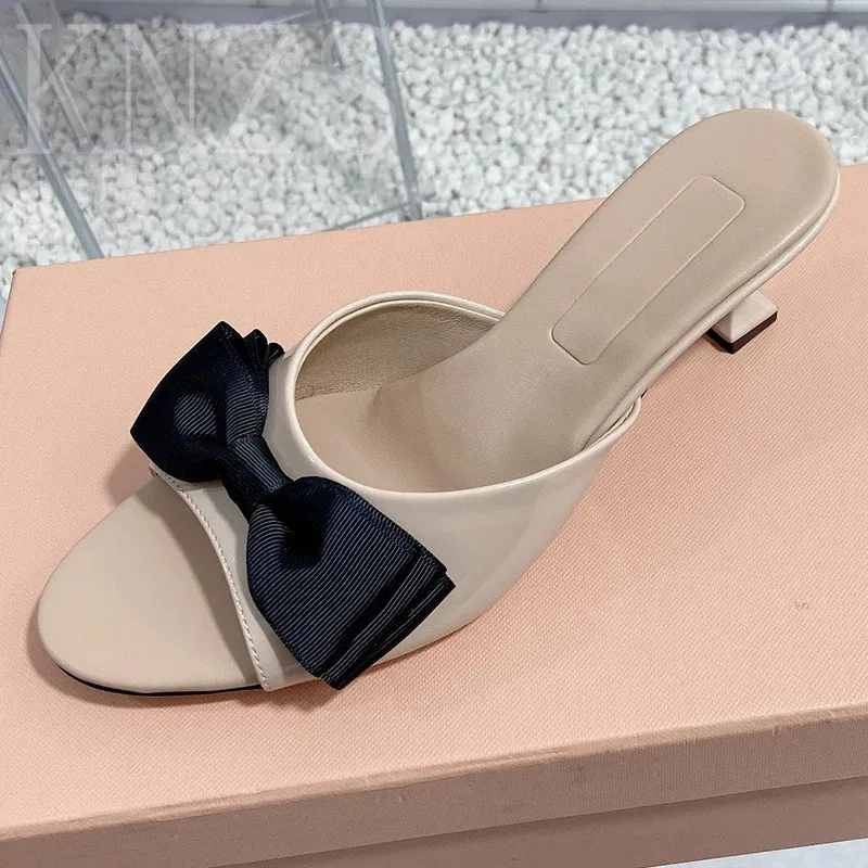 

Summer New Round Toe Butterfly-knot Decor Concise High Heels Woman Genuine Leather Open Toe Fashion Party Dress Shoes Women 2024