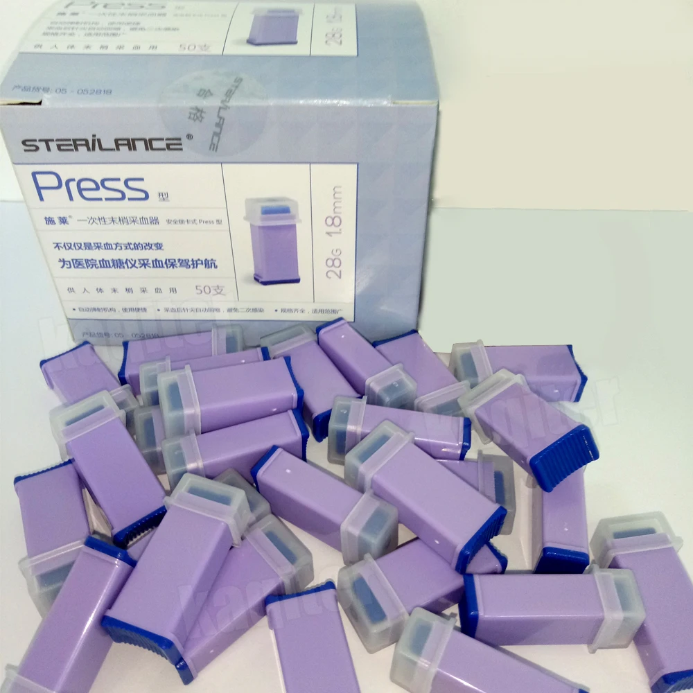 

100 шт./2 коробки, одноразовые безопасные стерильные ланцеты, активируемые давлением, 28 г/26 г, фиксирующая пружина для одноразового банкета с крови