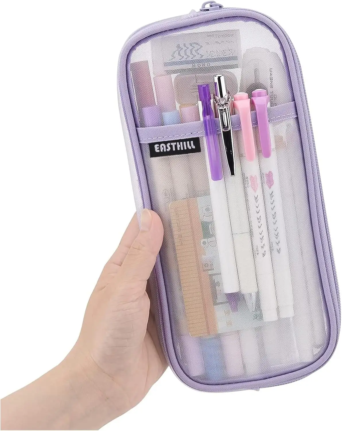 

Clear Mesh Pencil Case with Zipper, Transparent Makeup Bag, Multi-Purpose Travel Organizer for Teens & Adults, Purple