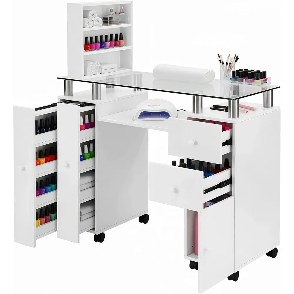 

Manicure Table Nail Tech Desk, Glass Top Nail Salon Table with Wrist Cushion, 1 Cabinet/2 Side Drawers/2 Vertical Storage Drawer