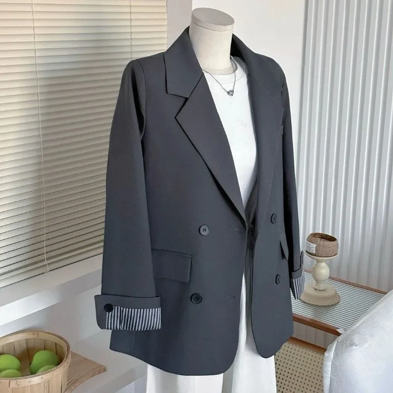 Solid Color Buttoned Long-sleeved Cardigan Blazer Spliced   versatile Korean Style Loose Top