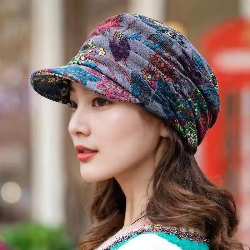 New floral twist hat for girls Korean version versatile soft hat with ethnic style duck tongue hat for autumn and winter warmth