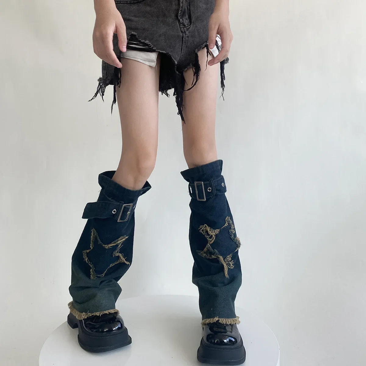 Y2K Punk Girl Subculture Denim Adjustable Tightness Leg Garter Horn Women's Leg Warmers Harajuku Foot Sock Long Calf Socks